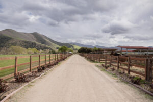 Dirt ranch road lined fenced pastures at Kingfisher Farms in Santa Ynez.